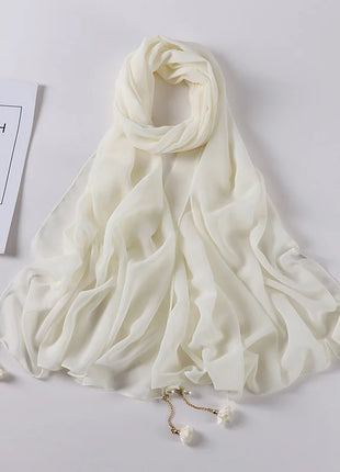 Fashion Flowers Pearl Tassel Chiffon Long Scarf Hijabs Elegant Womens Party Turban Headwear Solid Color Headscarf Shawls Scarves