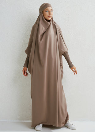 Muslim Abaya Hooded Smocking Sleeve One-piece Prayer Dress Women Jilbab Islamic Clothing Dubai Saudi Black Robe Turkish Modesty