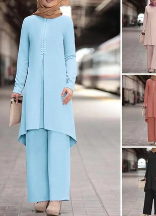 Ramadan Two Piece Sets Shirt &Pants Women Muslim Suits Shirt Blouse Musulman Ensembles Moroccan Kaftan Islamic Dress Sets