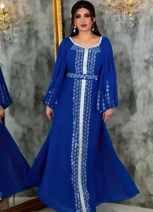 Abaya Muslim Women Party Dresses Chiffon Sequins Jalabiya Ramadan Eid Morocco Islam Sashes Vestidos Arab Long Robe Dubai Kaftan