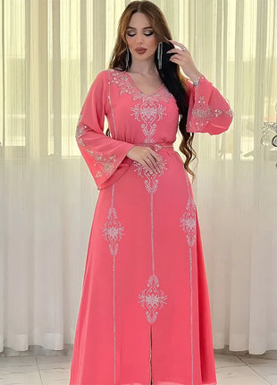 Women's Long Sleeve Polyester Abaya — Diamond Detail V-Neck Dress
