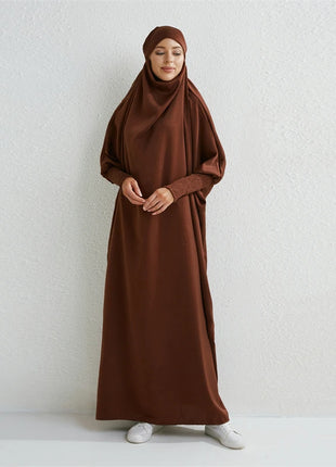 Muslim Abaya Hooded Smocking Sleeve One-piece Prayer Dress Women Jilbab Islamic Clothing Dubai Saudi Black Robe Turkish Modesty