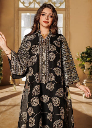 Muslim Women's Black Islamic Embroidered Abaya with Gold Detailing Ideal for Formal Occasions in Middle East like UAE and Saudi