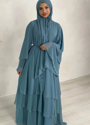 Kimono 3 Layer Chiffon Abayas for Women Muslim Dress Dubai Turkey Kebaya Open Abaya Islamic Jalabiya Caftan Marocain Femme Robe