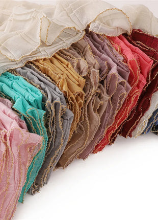 13 Color 80*180cm New Simple Silver Wire Wrinkle Plaid Solid Color Chain Gold Border Scarf Muslim Women Hijab Wrap Ramadan Islam