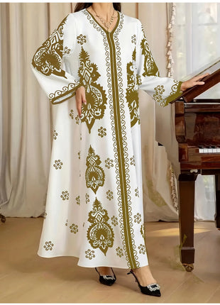Long Dress Abayas Women Eid Muslim Dresses Bronzing Print V Neck Jalabiya Arab Morocco Dubai Kaftan 2025 Vestidos Ramadan Robe