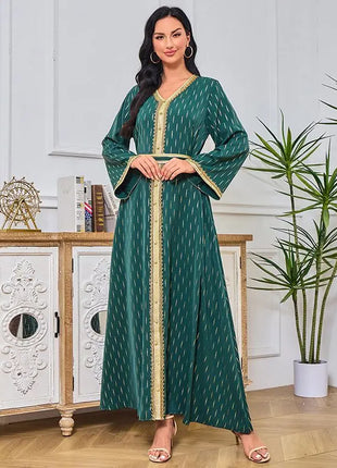 Ramadan Luxury Muslim Fashion Bat Sleeve Moroccan Turkiye Dubai Dress Middle East Arab Dress Sequins Golden Velvet Long Dress