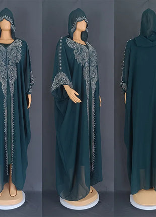 Eid Muslim Dress for Women Hooded Abaya 2 Piece Set Diamond Jalabiya Morocco Party Dresses Dubai Abayas Kaftan Vestido Long Robe