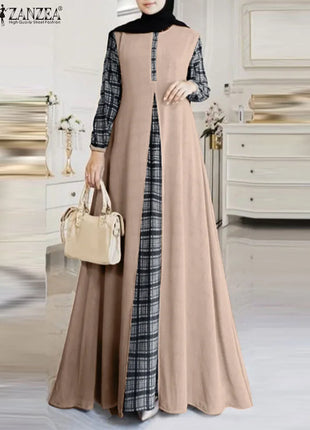 ZANZEA Women Patchwork Muslim Dress Fashion Abaya Robe Femme IsIamic Vestidos Kaftan Spring Long Sleeve Plaid Checked Sundress