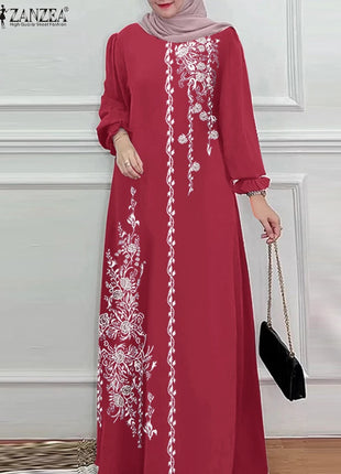 Autumn Muslim Dresses Vintage Dubai Turkey Abaya Hijab Sundress ZANZEA Women Bohemian Floral Printed Long Dress Robe Femme 2025