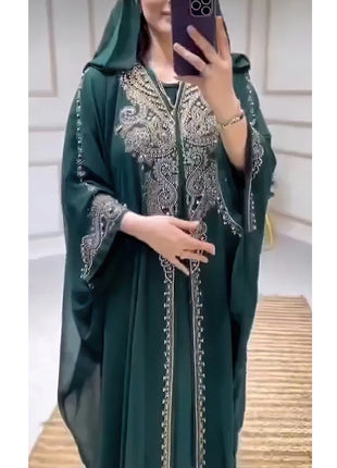 Eid Muslim Dress for Women Hooded Abaya 2 Piece Set Diamond Jalabiya Morocco Party Dresses Dubai Abayas Kaftan Vestido Long Robe