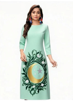 Muslim Women Kurtta Casual Dress National Style Straight Casual Ethnic Flower Mandarin Design Suitable Morocco Slit hem