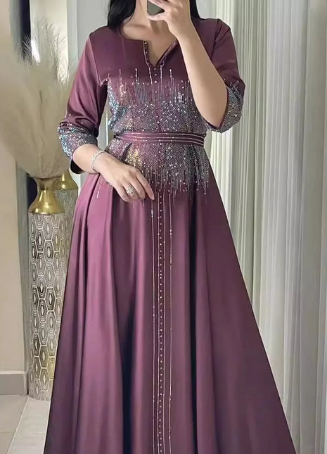 Muslim Satin Dress for Women Fashion Diamond Evening Dress Abaya Dubai Dinner Robe Muslim Dress Women Clothes for Muslim Women