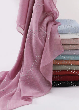 Luxury Rhinestone Chiffon Hijabs Woman Muslim Scarf Shawls Solid Lady Party Shawl Wraps Islamic Turban Female Headscarf Ramadan