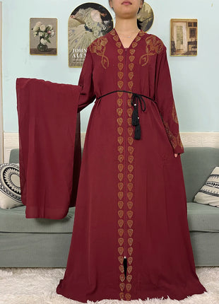 Muslim Open Abayas For Women 2024 Pure Chiffon Zipper Diamonds Loose Femme Robe Islam Dubai Boubou Moroccan Caftan With Turban