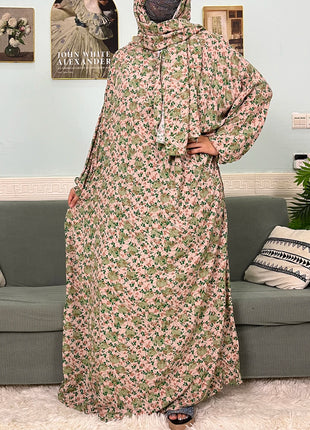Muslim Cotton Abayas For Women Traditional Floral Ramadan Prayer Garment African Caftan Marocain Femme Robe Connected Headscarf