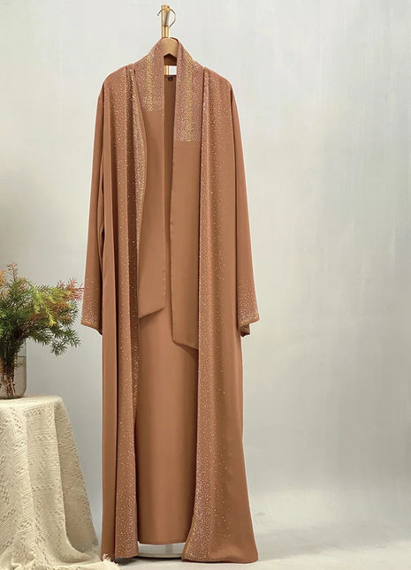 Hot Selling Ramadan Rhinestone Cardigan Islamic Dresses With Pockets Kebaya Muslim Kimono Abaya Dubai Modest Clothing Women EID