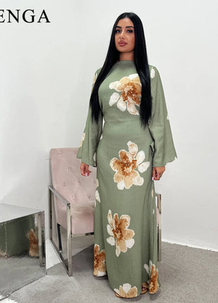Arabesque Bell Sleeve Flowy Maxi Abaya Dress Elegant Floral Print Muslim Modest Long Dress Islamic Vacation Outfit Summer Robe
