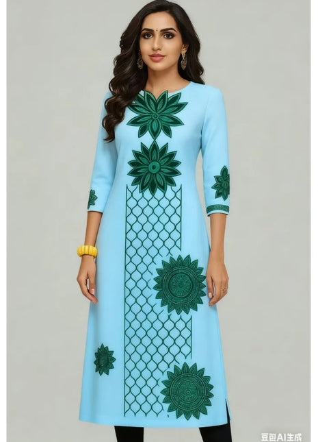 National style Muslim Women Kurt Casual Dress Long Sleeve Straight Casual Ethnic Flower Mandarin 3D Design Suitable Caftan Femme