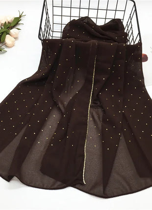 High Quality Rhinestone Chain Pearl Chiffon Long Scarf Hijabs Elegant Dubai Muslim Womens Party Wrapped Turban Shawls Headwear