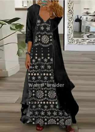 Independent Stand Floral Print Women's Dress Two-Piece Set Short Sleeve Ankle-Length Polyester Fiber Regular Waist Line