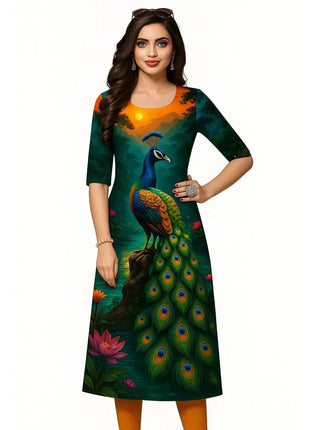 Muslim Dress Kurt Women's Fashionable Elegant Straight Tube Casual Peacock Color Elephant Pattern Abaya Femme Dubaï Slit hem