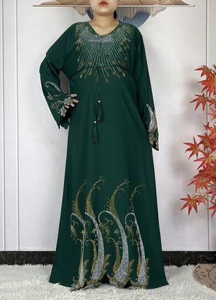 New Muslim Fashion Women Dress Chiffon Diamond Long Sleeves Casual Clothing African Abaya Women Robe Dubai Turkey Islamic Robe