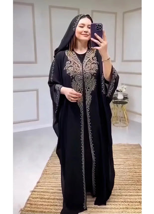 Eid Muslim Dress for Women Hooded Abaya 2 Piece Set Diamond Jalabiya Morocco Party Dresses Dubai Abayas Kaftan Vestido Long Robe