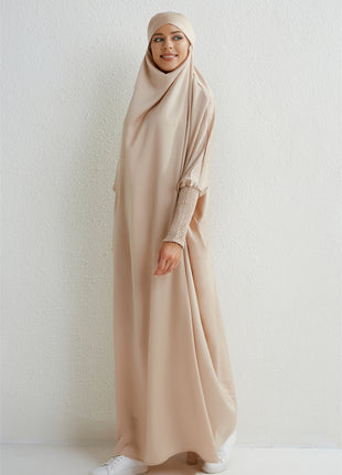 Muslim Abaya Hooded Smocking Sleeve One-piece Prayer Dress Women Jilbab Islamic Clothing Dubai Saudi Black Robe Turkish Modesty