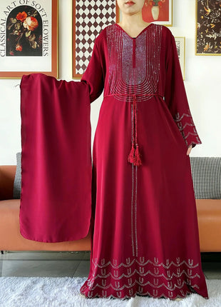 New 2025 Dubai Diamonds Muslim Women Modest Dress Elegant Arabic Femme Hijab Long Sleeve Chiffon Abaya Islamic Turkey Clothing