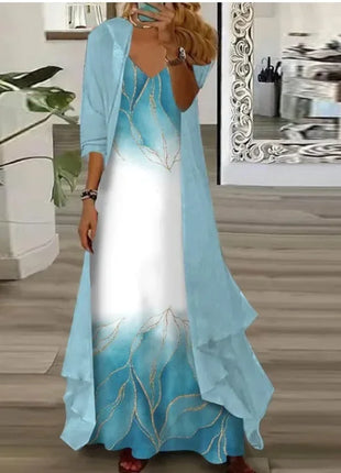 Independent Stand Floral Print Women's Dress Two-Piece Set Short Sleeve Ankle-Length Polyester Fiber Regular Waist Line