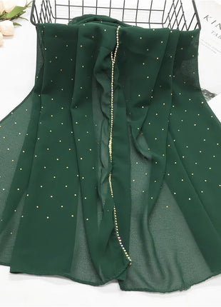 High Quality Rhinestone Chain Pearl Chiffon Long Scarf Hijabs Elegant Dubai Muslim Womens Party Wrapped Turban Shawls Headwear