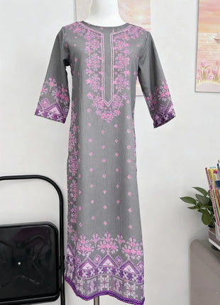 Muslim Women Kurt Casual Dress Slit hem Straight Casual Ethnic Turkish Abaya Mandarin Flowers Regular Size 3D Design Suitable