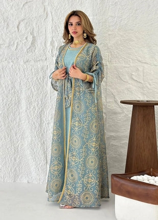 Eid Muslim Abayas for Women Party 2 Piece Set Embroidery Cardigan Robe Lace Up Dress Morocco Kaftan Islam Ramadan Dubai Vestidos