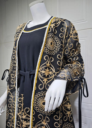 Charming Light Blue Two Piece Abaya Set Gold Patterned Outer Robe Belted Mint Inner Dress for Islamic Ramadan in the MIddle East