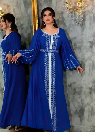 Abaya Muslim Women Party Dresses Chiffon Sequins Jalabiya Ramadan Eid Morocco Islam Sashes Vestidos Arab Long Robe Dubai Kaftan