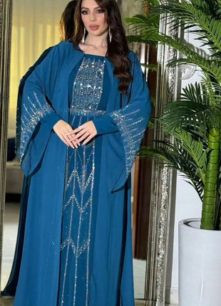 Eid Muslim Party Dress for Women Fake 2 Piece Diamond Ramadan Abaya Belt Flare Sleeve Kaftan Vestidos Largos Dubai Robe Jalabiya