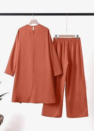 Women Eid Musulman Ensemble Muslim Sets Solid Blouses Wide Leg Pants Ramadan Morocco Two Pieces Dubai Kaftan Loose Modest