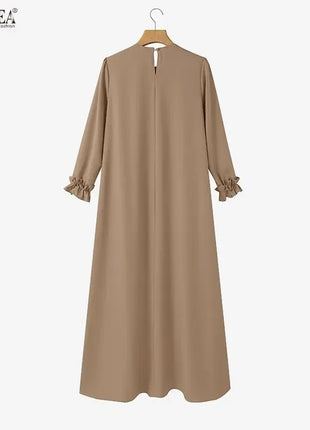 ZANZEA Women 2026 Spring O Neck Long Sleeve Dresses Elegant Muslim Abaya Dress Ramadan Robe Stylish Flounce Maxi Dresses Kaftan