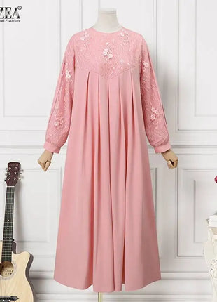 Autumn Muslim Fashion Long Dress ZANZEA Women Long Sleeve O Neck Vestidos Dubai Kaftan Maxi Sundress Robe  Elegant Lace Abaya