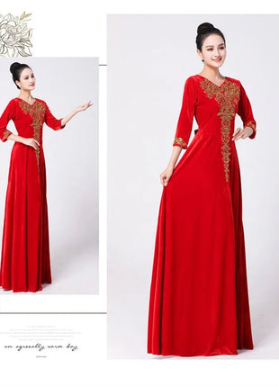 Ladies Golden Velvet Choral Performance Costumes Women Performance Costume Long Dresses Autumn Female Large Size 6XL Maxi Dress