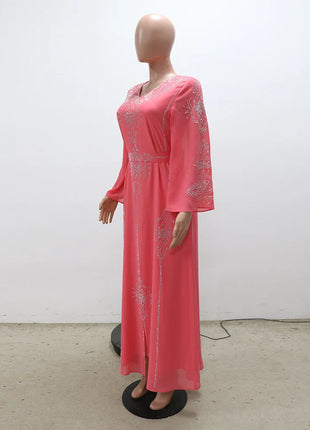 Women's Long Sleeve Polyester Abaya — Diamond Detail V-Neck Dress