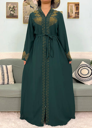 Muslim Chiffon Abayas For Women 2024 Dubai Islam Loose Fit  Femme Robe Long Sleeved Diamond Studded Solid Color With Belt Turban