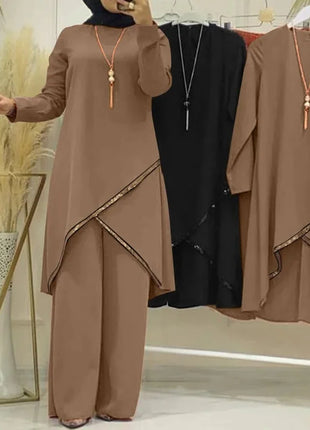 Women Eid Musulman Ensemble Muslim Sets Solid Blouses Wide Leg Pants Ramadan Morocco Two Pieces Dubai Kaftan Loose Modest