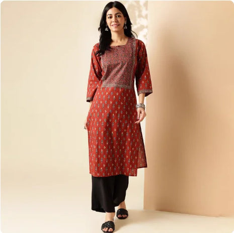Indian Women's Ethnic Style Pure Cotton Printed Seven Quarter Sleeve Top
