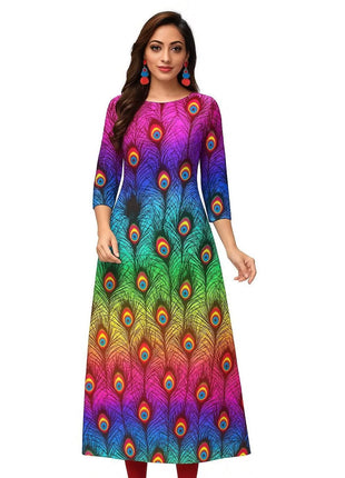 Dress Kurtta Women Fashionable Straight Tube Casual Bright Slit hem Peacock Patterns Robe Arabe Robe Traditionnelle Arabe Muslim