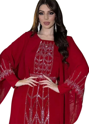 Eid Muslim Party Dress for Women Fake 2 Piece Diamond Ramadan Abaya Belt Flare Sleeve Kaftan Vestidos Largos Dubai Robe Jalabiya