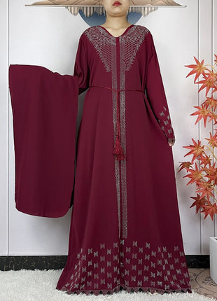 New Muslim Fashion Women Dress Chiffon Diamond Long Sleeves Casual Clothing African Abaya Women Robe Dubai Turkey Islamic Robe