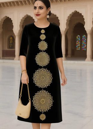 Muslim Dress Kurt Women's Fashionable Elegant Straight Tube Casual Flowers Color Elephant Pattern Islamic Clothing For Women