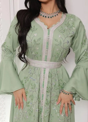 Middle East Hot Diamond Kaftan Robe Dress V-neck High Waist 2025 Autumn And Winter New Fashion High Street Long